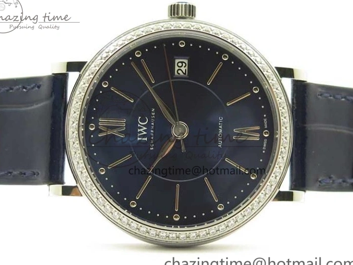 MIROTIME 1224 Portofino 37mm SS V7F 1:1 Best Edition Blue Dial Diamonds Bezel on Blue Leather Strap A Chic 7093